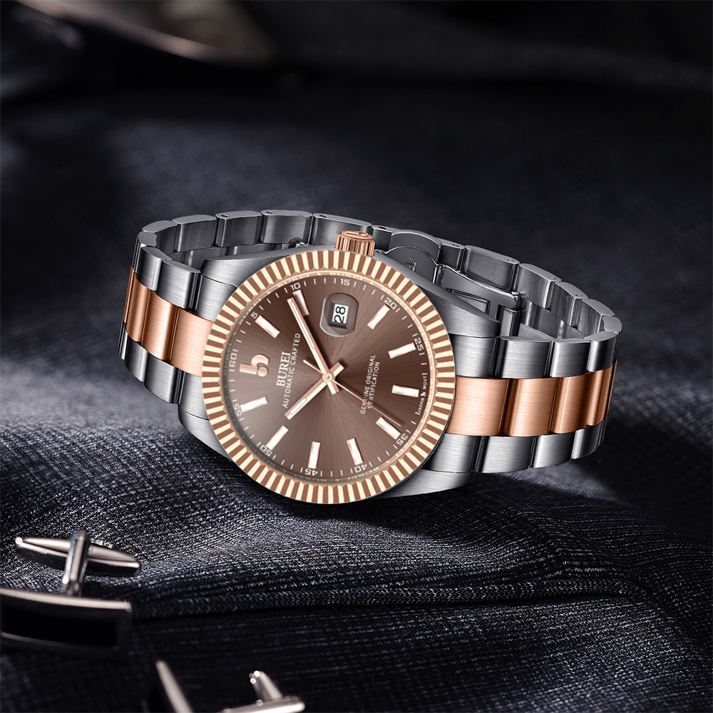 BUREI Men's Watch 41mm, Classic Stainless Steel, Waterproof Machine Watch with Date, Sapphire Crystal, Business Dress Wristwatch