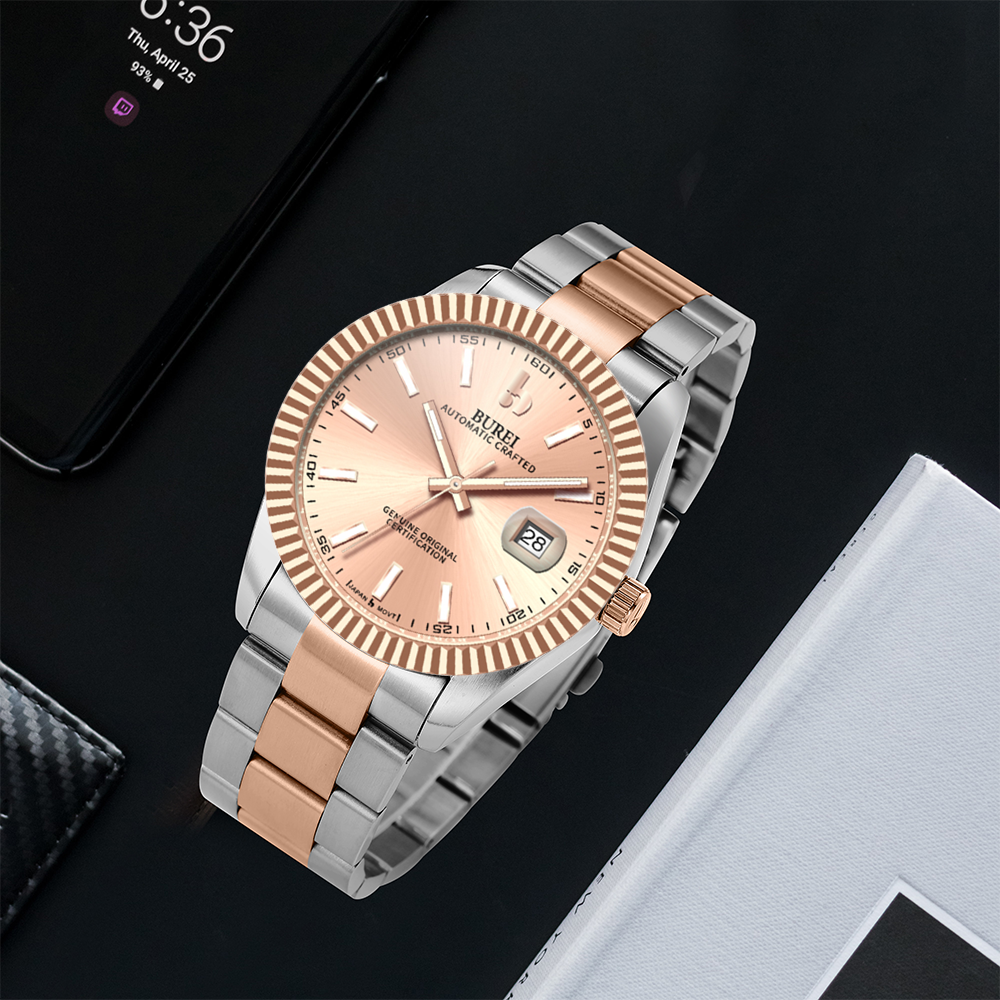 BUREI Men's Watch 41mm, Classic Stainless Steel, Waterproof Machine Watch with Date, Sapphire Crystal, Business Dress Wristwatch