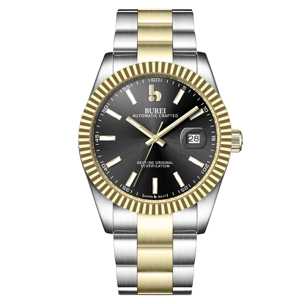 BUREI Men's Watch 41mm, Classic Stainless Steel, Waterproof Machine Watch with Date, Sapphire Crystal, Business Dress Wristwatch