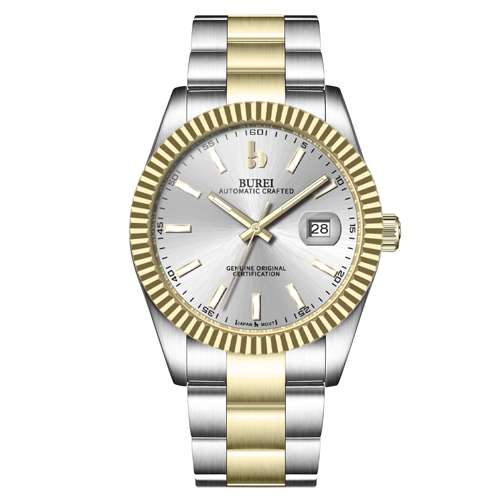BUREI Men's Watch 41mm, Classic Stainless Steel, Waterproof Machine Watch with Date, Sapphire Crystal, Business Dress Wristwatch
