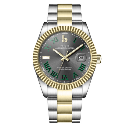 BUREI Men's Watch 41mm, Classic Stainless Steel, Waterproof Machine Watch with Date, Sapphire Crystal, Business Dress Wristwatch