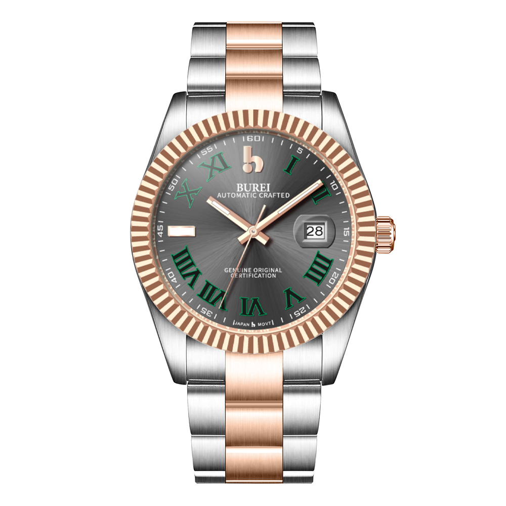 BUREI Men's Watch 41mm, Classic Stainless Steel, Waterproof Machine Watch with Date, Sapphire Crystal, Business Dress Wristwatch