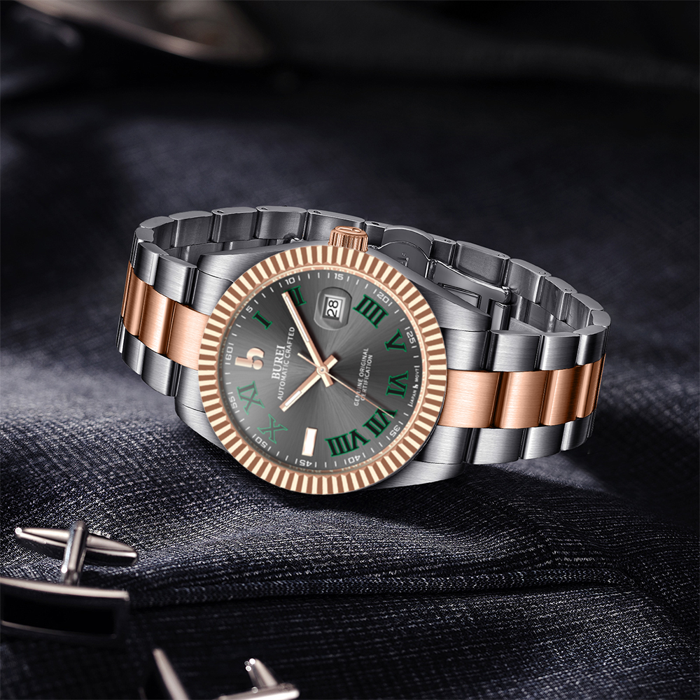 BUREI Men's Watch 41mm, Classic Stainless Steel, Waterproof Machine Watch with Date, Sapphire Crystal, Business Dress Wristwatch