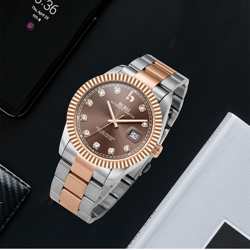 BUREI Men's Watch 41mm, Classic Stainless Steel, Waterproof Machine Watch with Date, Sapphire Crystal, Business Dress Wristwatch