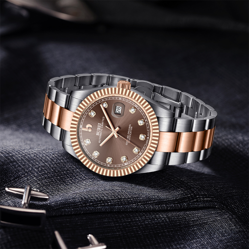BUREI Men's Watch 41mm, Classic Stainless Steel, Waterproof Machine Watch with Date, Sapphire Crystal, Business Dress Wristwatch