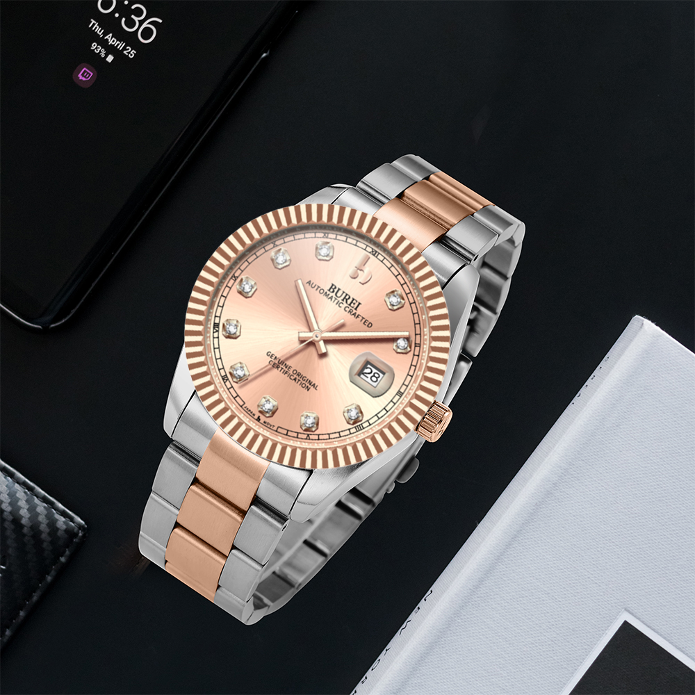 BUREI Men's Watch 41mm, Classic Stainless Steel, Waterproof Machine Watch with Date, Sapphire Crystal, Business Dress Wristwatch