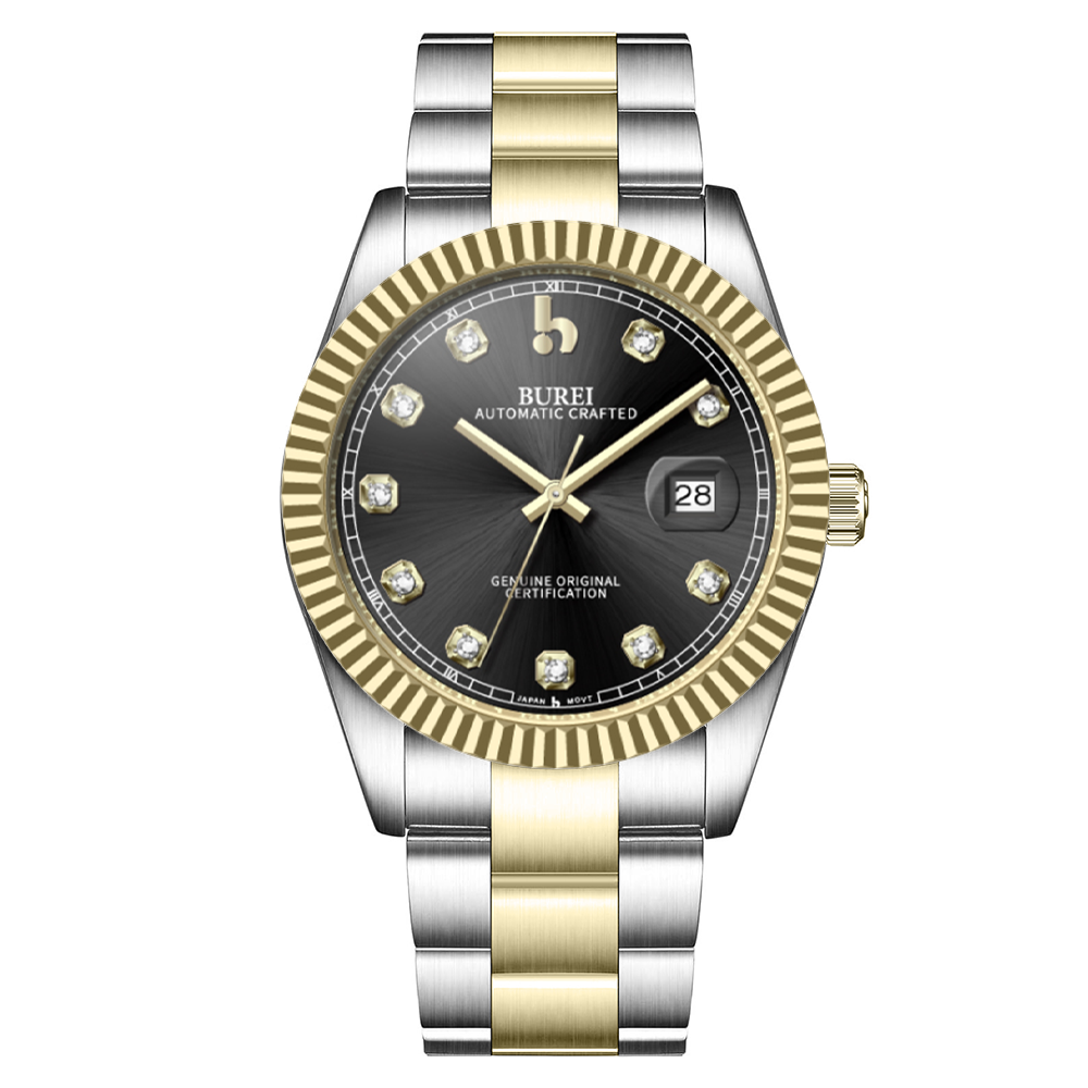 BUREI Men's Watch 41mm, Classic Stainless Steel, Waterproof Machine Watch with Date, Sapphire Crystal, Business Dress Wristwatch