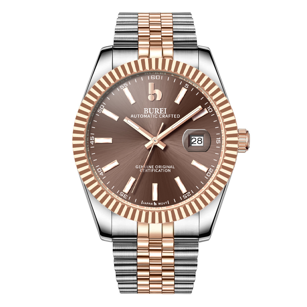 BUREI Men's Watch 41mm, Classic Stainless Steel, Waterproof Machine Watch with Date, Sapphire Crystal, Business Dress Wristwatch