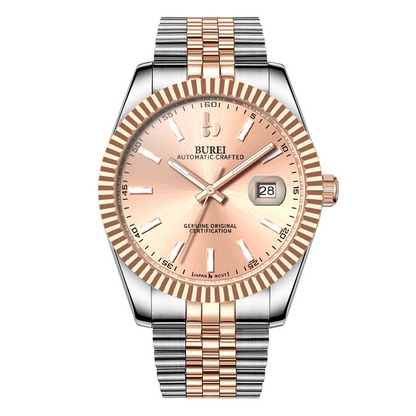 BUREI Men's Watch 41mm, Classic Stainless Steel, Waterproof Machine Watch with Date, Sapphire Crystal, Business Dress Wristwatch