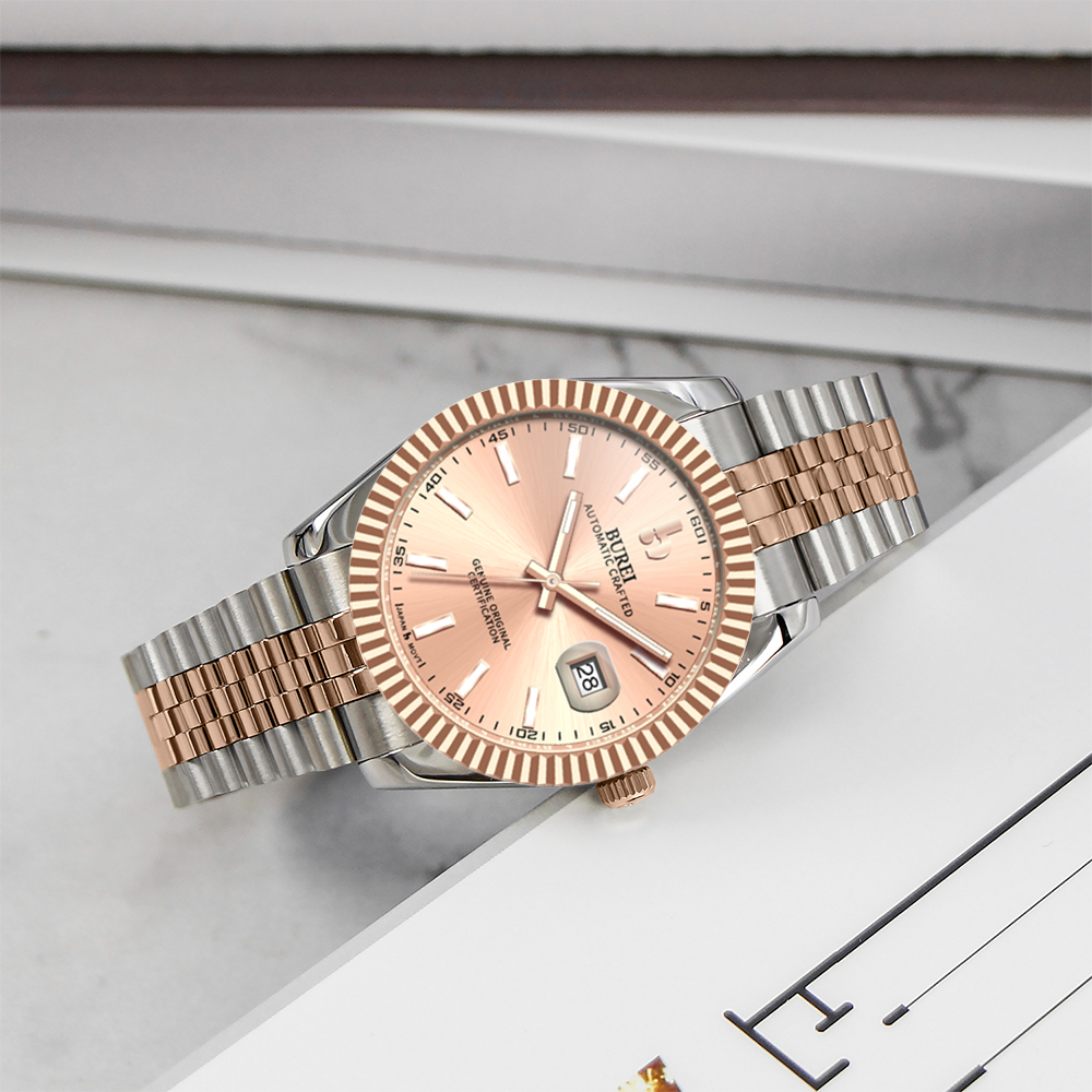 BUREI Men's Watch 41mm, Classic Stainless Steel, Waterproof Machine Watch with Date, Sapphire Crystal, Business Dress Wristwatch