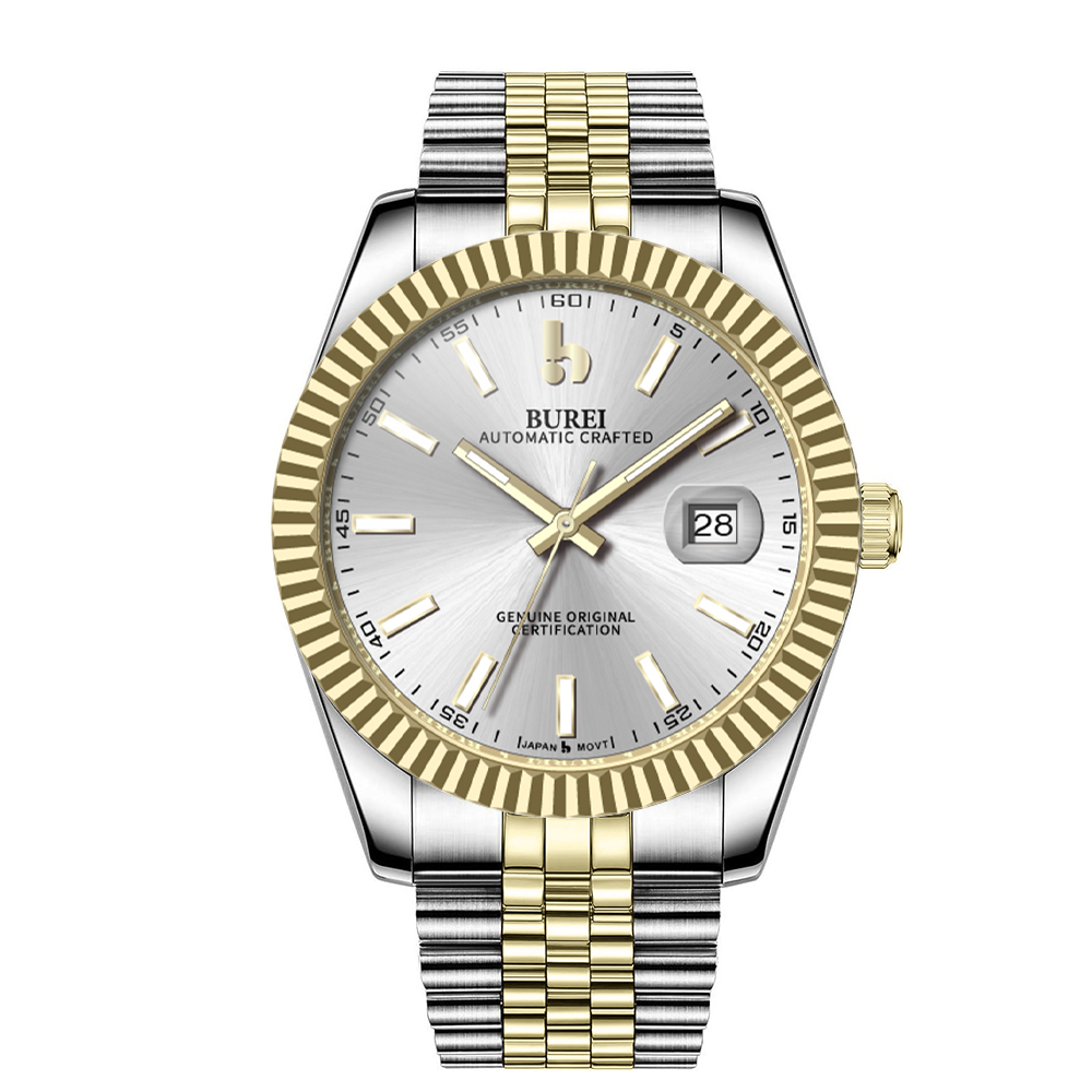 BUREI Men's Watch 41mm, Classic Stainless Steel, Waterproof Machine Watch with Date, Sapphire Crystal, Business Dress Wristwatch
