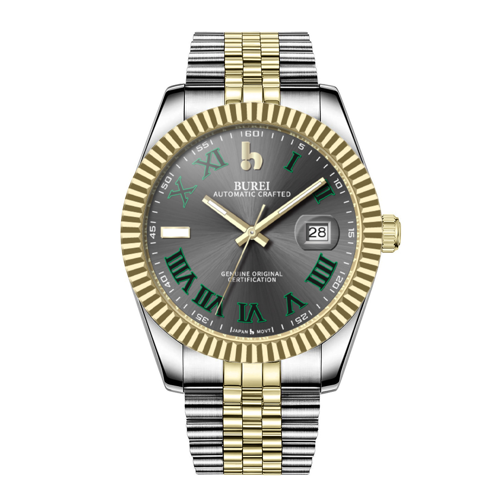 BUREI Men's Watch 41mm, Classic Stainless Steel, Waterproof Machine Watch with Date, Sapphire Crystal, Business Dress Wristwatch
