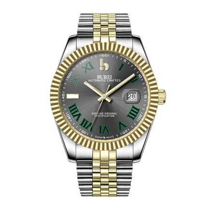 BUREI Men's Watch 41mm, Classic Stainless Steel, Waterproof Machine Watch with Date, Sapphire Crystal, Business Dress Wristwatch