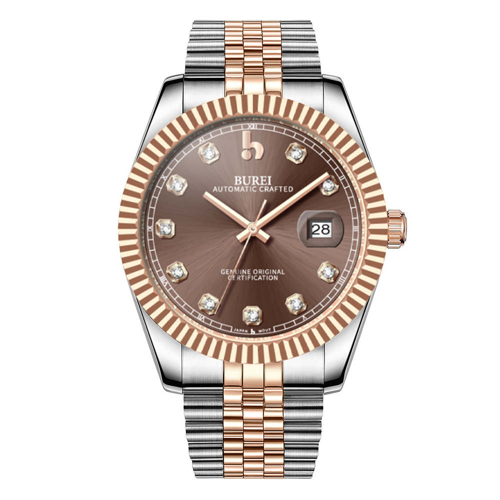 BUREI Men's Watch 41mm, Classic Stainless Steel, Waterproof Machine Watch with Date, Sapphire Crystal, Business Dress Wristwatch