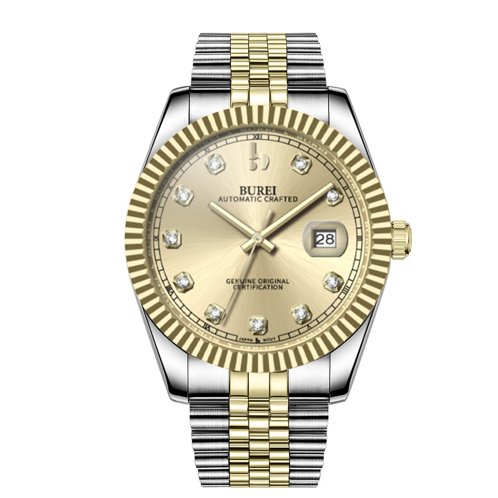 BUREI Men's Watch 41mm, Classic Stainless Steel, Waterproof Machine Watch with Date, Sapphire Crystal, Business Dress Wristwatch
