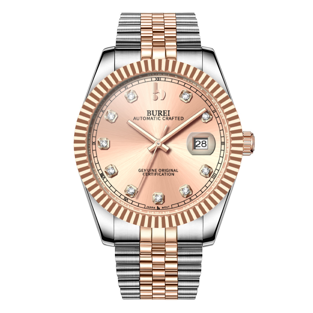 BUREI Men's Watch 41mm, Classic Stainless Steel, Waterproof Machine Watch with Date, Sapphire Crystal, Business Dress Wristwatch