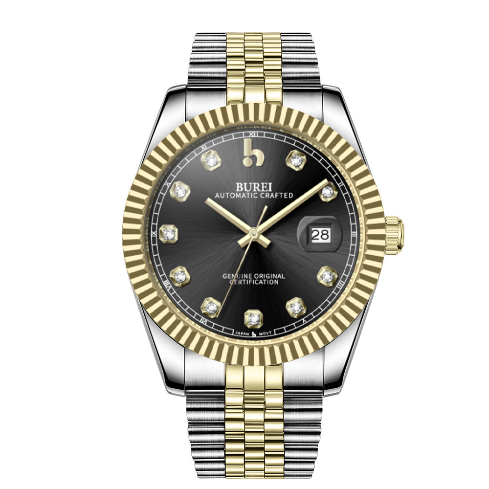 BUREI Men's Watch 41mm, Classic Stainless Steel, Waterproof Machine Watch with Date, Sapphire Crystal, Business Dress Wristwatch
