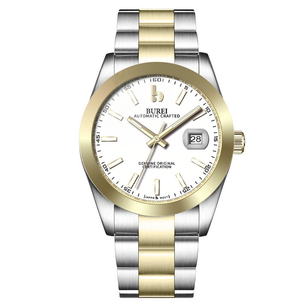 BUREI Men's Watch 41mm, Classic Stainless Steel, Waterproof Machine Watch with Date, Sapphire Crystal, Business Dress Wristwatch