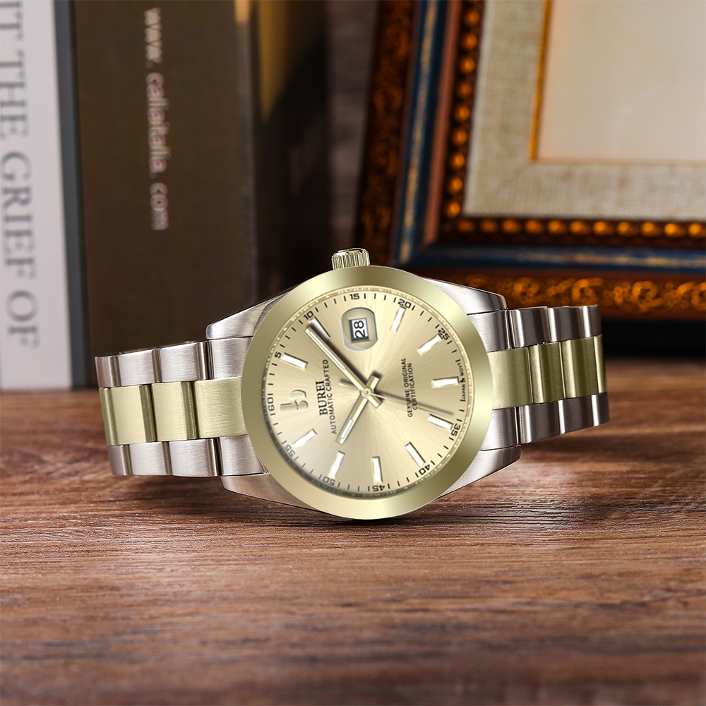 BUREI Men's Watch 41mm, Classic Stainless Steel, Waterproof Machine Watch with Date, Sapphire Crystal, Business Dress Wristwatch