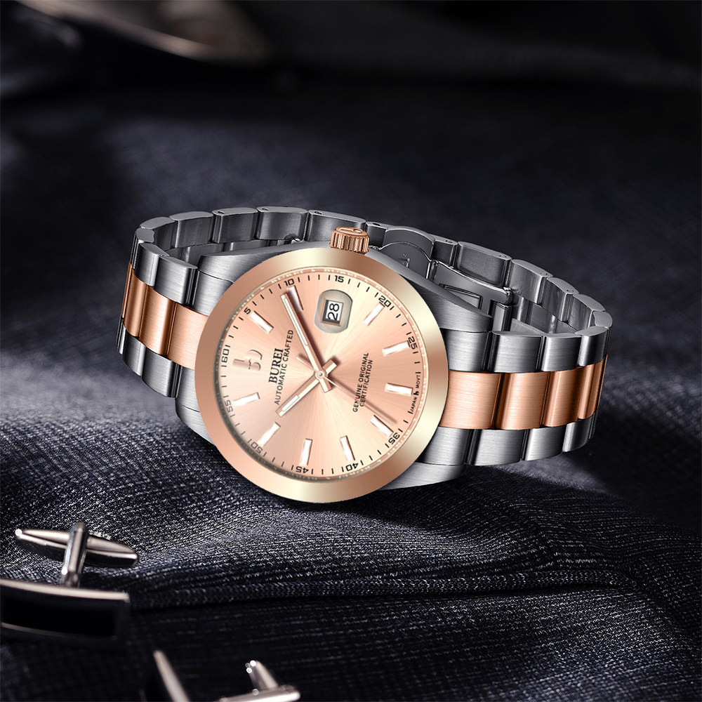 BUREI Men's Watch 41mm, Classic Stainless Steel, Waterproof Machine Watch with Date, Sapphire Crystal, Business Dress Wristwatch