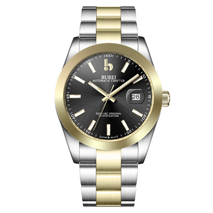 BUREI Men's Watch 41mm, Classic Stainless Steel, Waterproof Machine Watch with Date, Sapphire Crystal, Business Dress Wristwatch