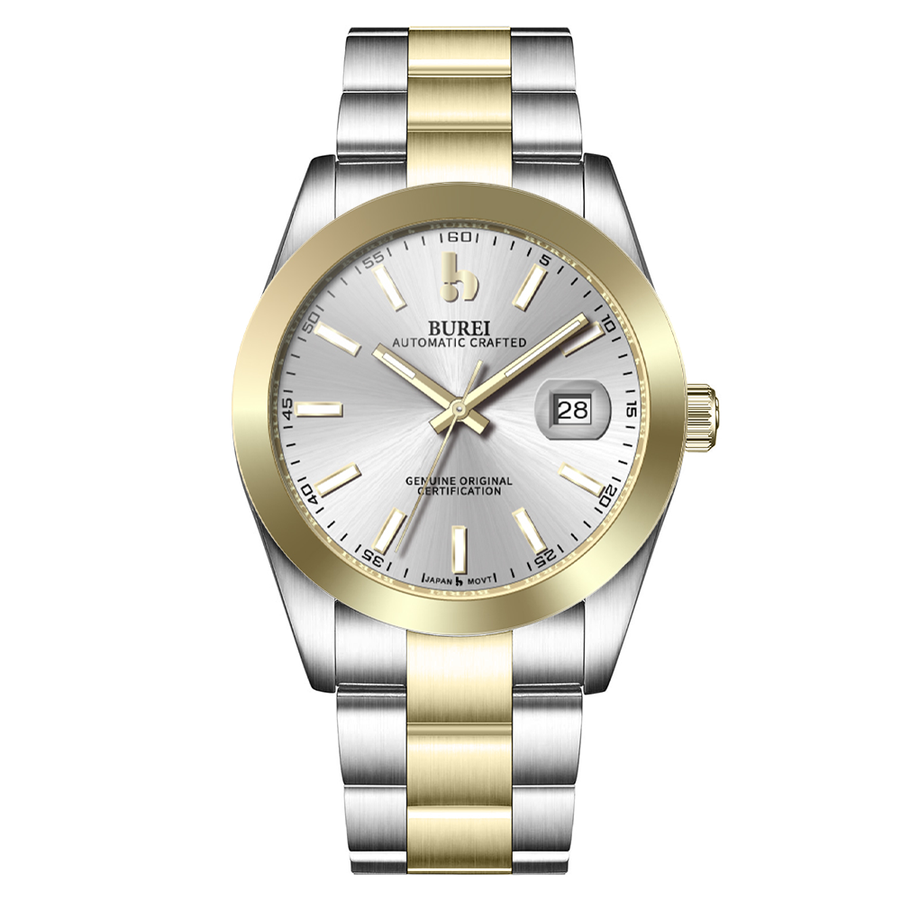 BUREI Men's Watch 41mm, Classic Stainless Steel, Waterproof Machine Watch with Date, Sapphire Crystal, Business Dress Wristwatch