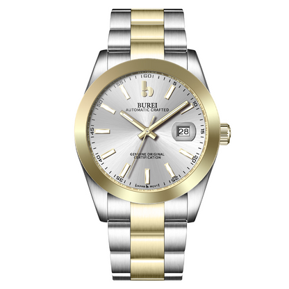 BUREI Men's Watch 41mm, Classic Stainless Steel, Waterproof Machine Watch with Date, Sapphire Crystal, Business Dress Wristwatch