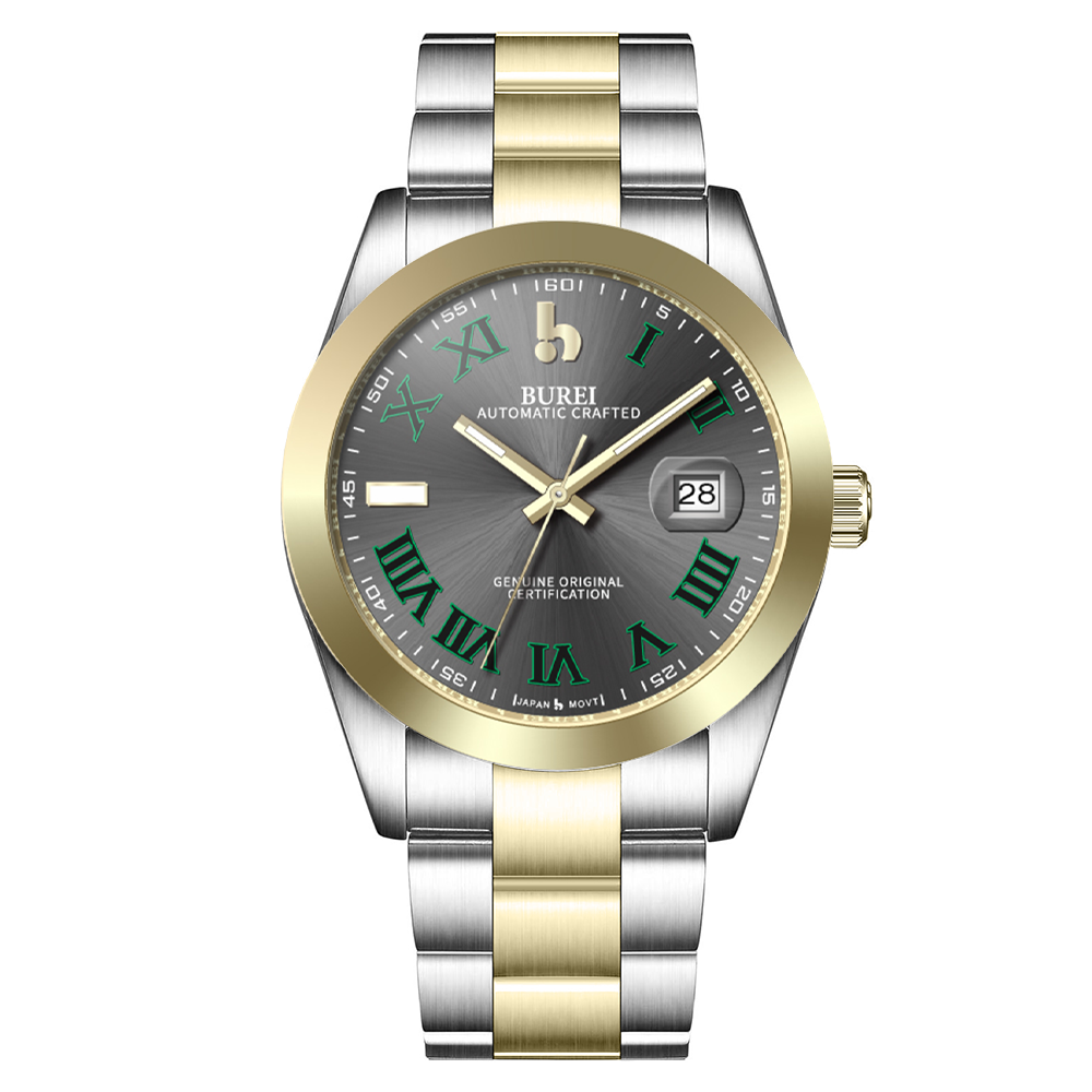 BUREI Men's Watch 41mm, Classic Stainless Steel, Waterproof Machine Watch with Date, Sapphire Crystal, Business Dress Wristwatch