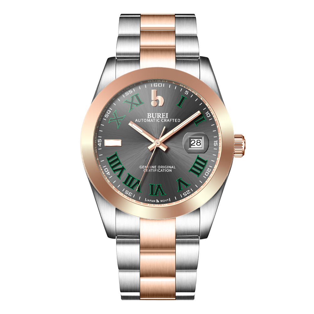 BUREI Men's Watch 41mm, Classic Stainless Steel, Waterproof Machine Watch with Date, Sapphire Crystal, Business Dress Wristwatch