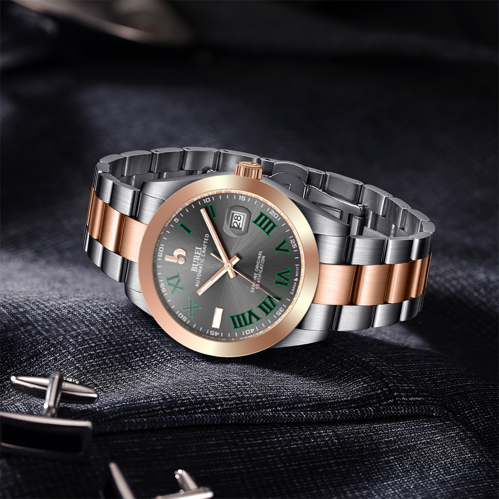 BUREI Men's Watch 41mm, Classic Stainless Steel, Waterproof Machine Watch with Date, Sapphire Crystal, Business Dress Wristwatch