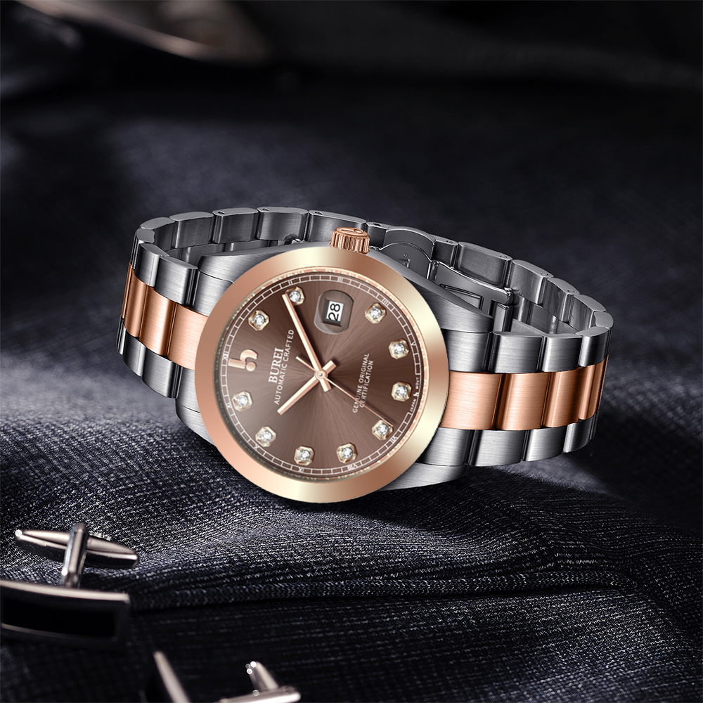 BUREI Men's Watch 41mm, Classic Stainless Steel, Waterproof Machine Watch with Date, Sapphire Crystal, Business Dress Wristwatch