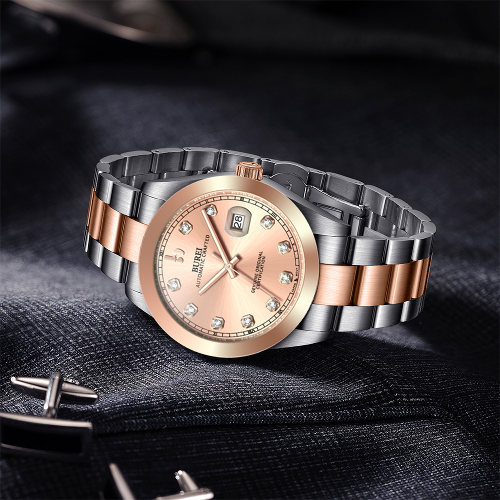 BUREI Men's Watch 41mm, Classic Stainless Steel, Waterproof Machine Watch with Date, Sapphire Crystal, Business Dress Wristwatch