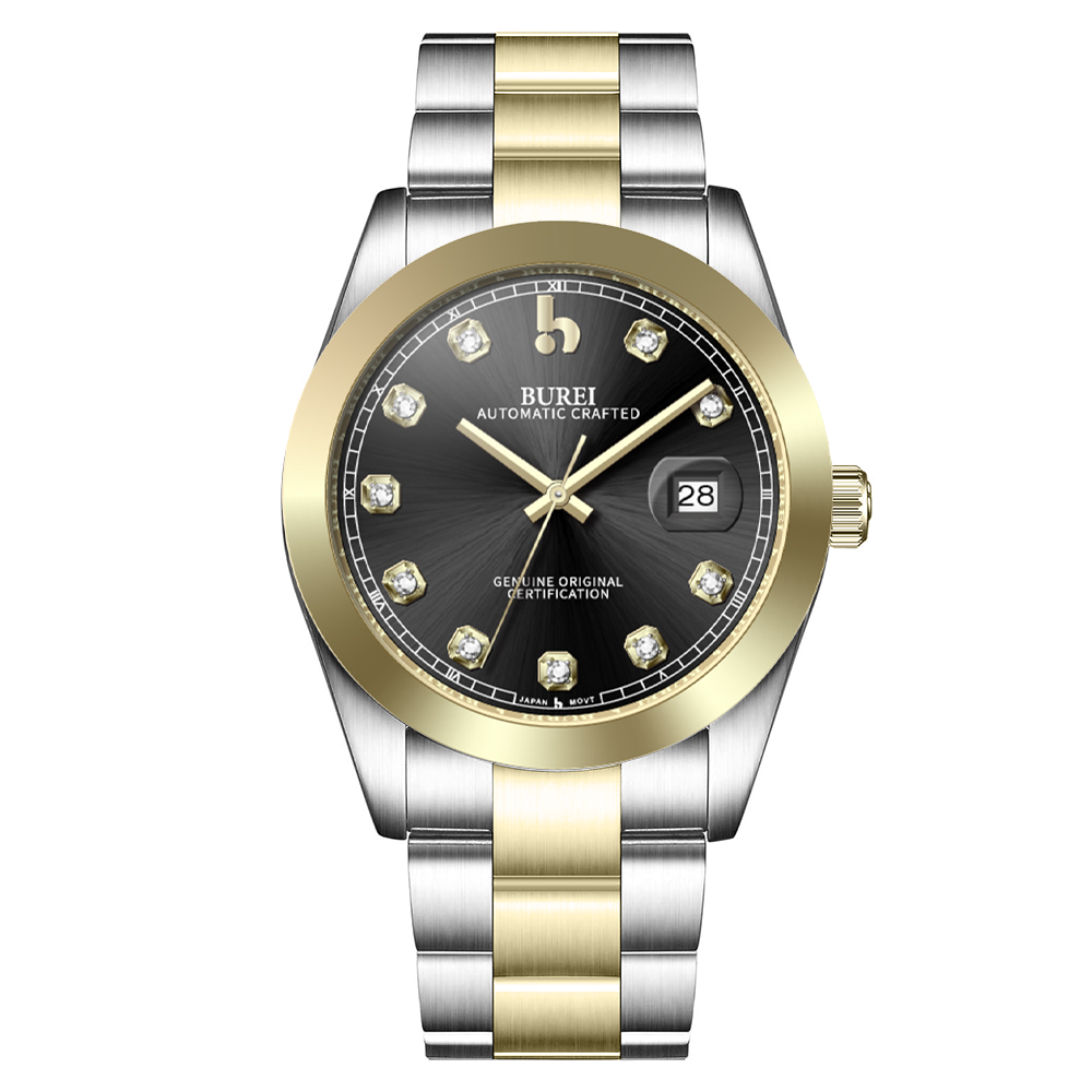 BUREI Men's Watch 41mm, Classic Stainless Steel, Waterproof Machine Watch with Date, Sapphire Crystal, Business Dress Wristwatch
