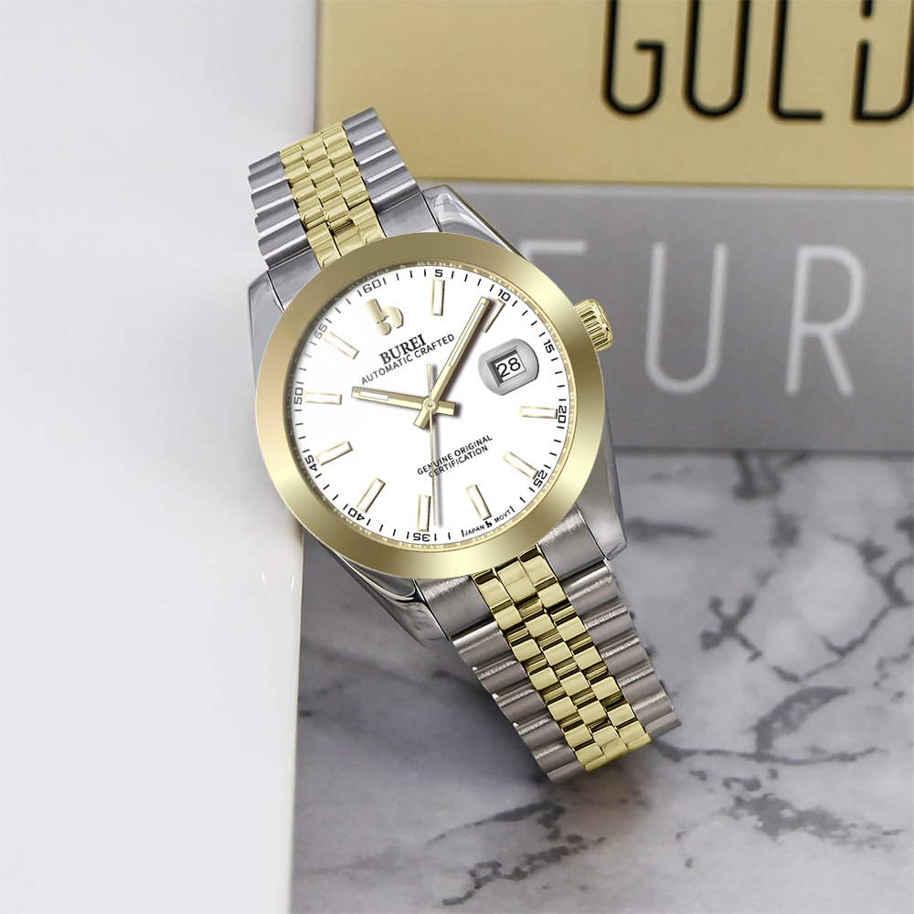 BUREI Men's Watch 41mm, Classic Stainless Steel, Waterproof Machine Watch with Date, Sapphire Crystal, Business Dress Wristwatch