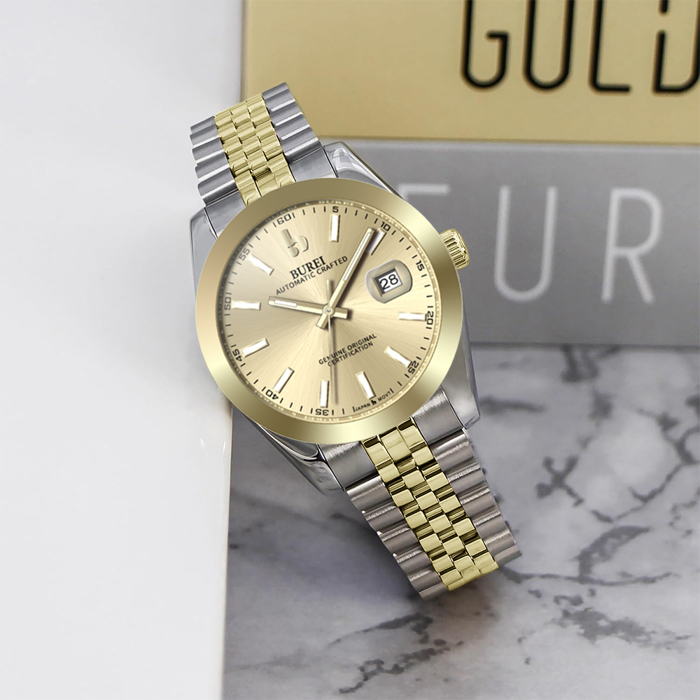 BUREI Men's Watch 41mm, Classic Stainless Steel, Waterproof Machine Watch with Date, Sapphire Crystal, Business Dress Wristwatch