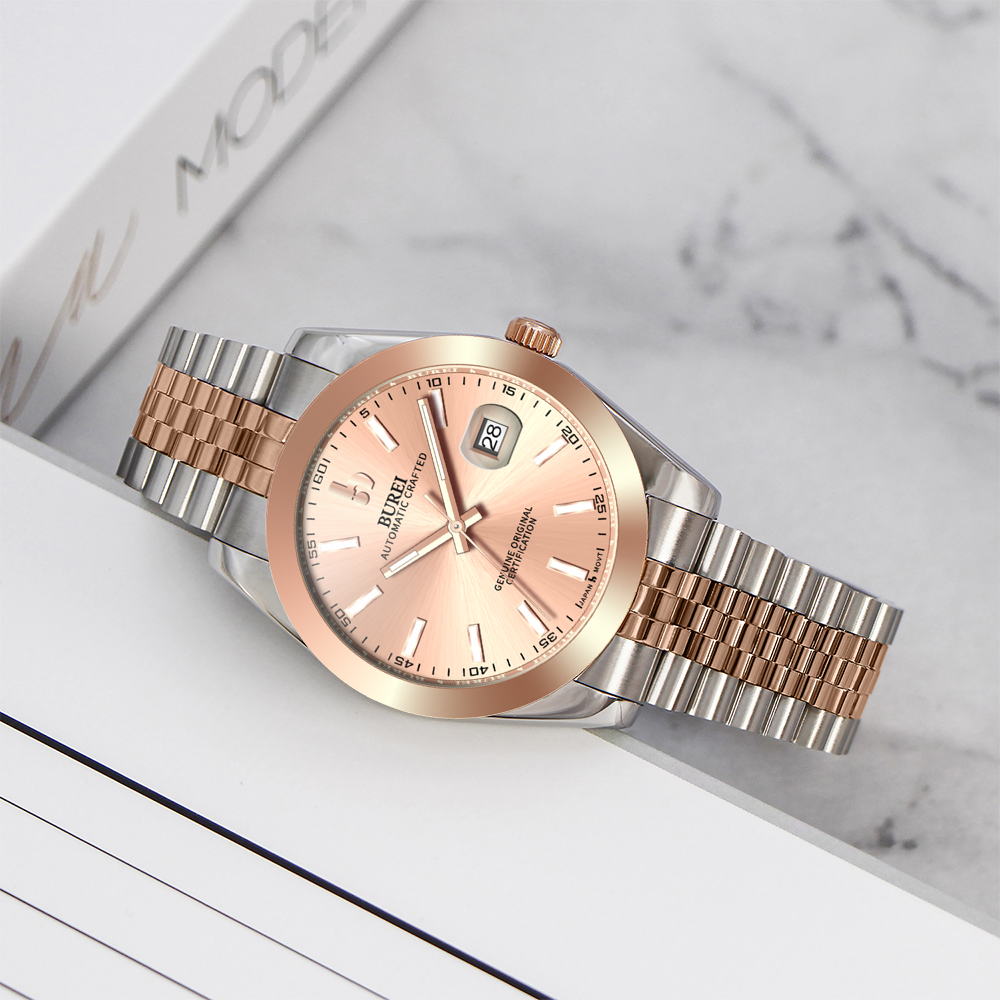 BUREI Men's Watch 41mm, Classic Stainless Steel, Waterproof Machine Watch with Date, Sapphire Crystal, Business Dress Wristwatch
