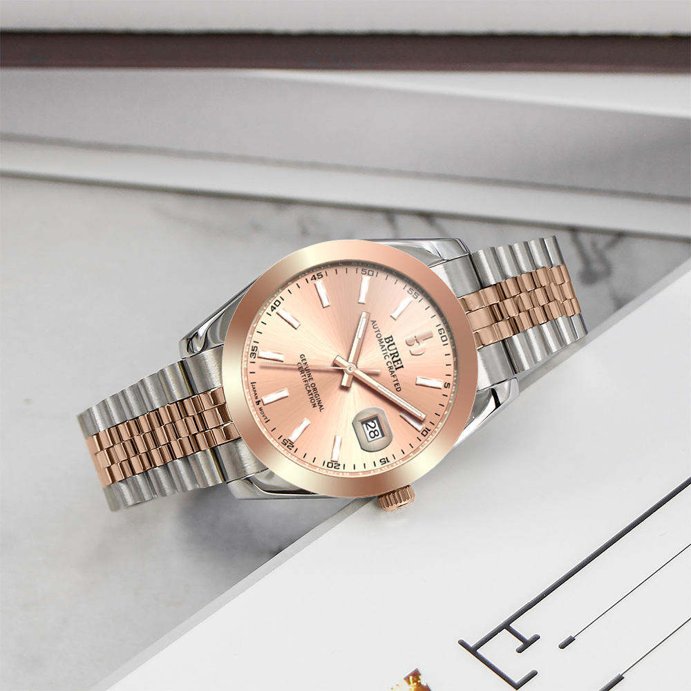 BUREI Men's Watch 41mm, Classic Stainless Steel, Waterproof Machine Watch with Date, Sapphire Crystal, Business Dress Wristwatch