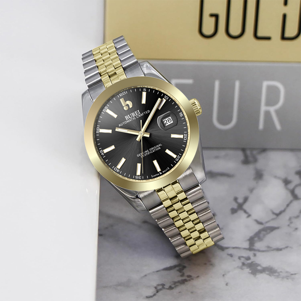 BUREI Men's Watch 41mm, Classic Stainless Steel, Waterproof Machine Watch with Date, Sapphire Crystal, Business Dress Wristwatch