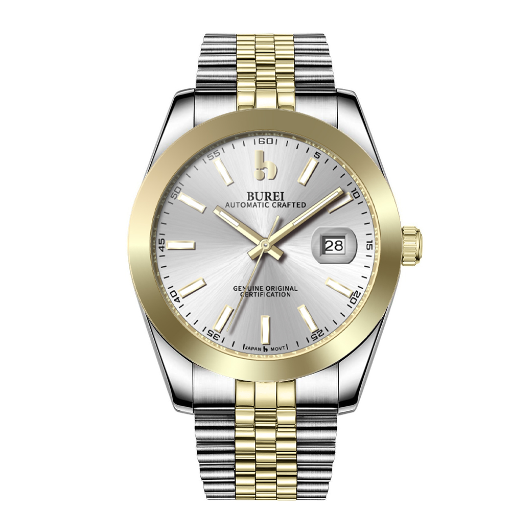 BUREI Men's Watch 41mm, Classic Stainless Steel, Waterproof Machine Watch with Date, Sapphire Crystal, Business Dress Wristwatch