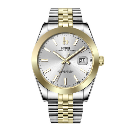 BUREI Men's Watch 41mm, Classic Stainless Steel, Waterproof Machine Watch with Date, Sapphire Crystal, Business Dress Wristwatch