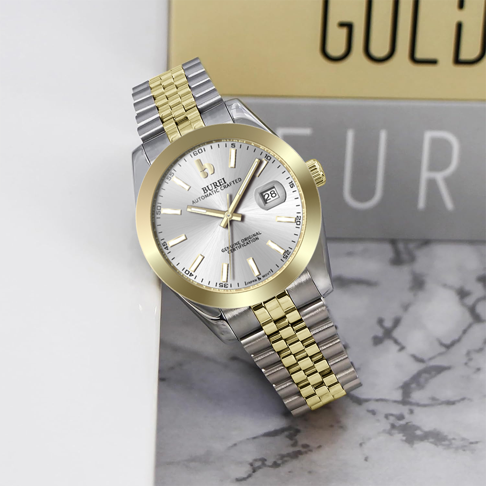 BUREI Men's Watch 41mm, Classic Stainless Steel, Waterproof Machine Watch with Date, Sapphire Crystal, Business Dress Wristwatch