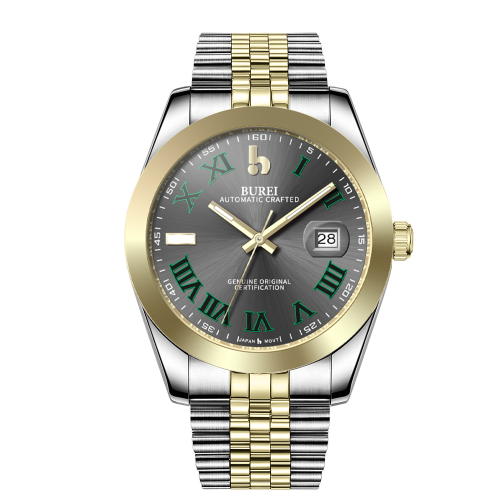 BUREI Men's Watch 41mm, Classic Stainless Steel, Waterproof Machine Watch with Date, Sapphire Crystal, Business Dress Wristwatch