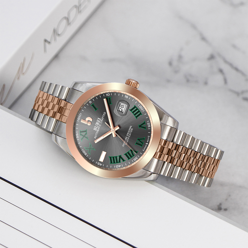 BUREI Men's Watch 41mm, Classic Stainless Steel, Waterproof Machine Watch with Date, Sapphire Crystal, Business Dress Wristwatch