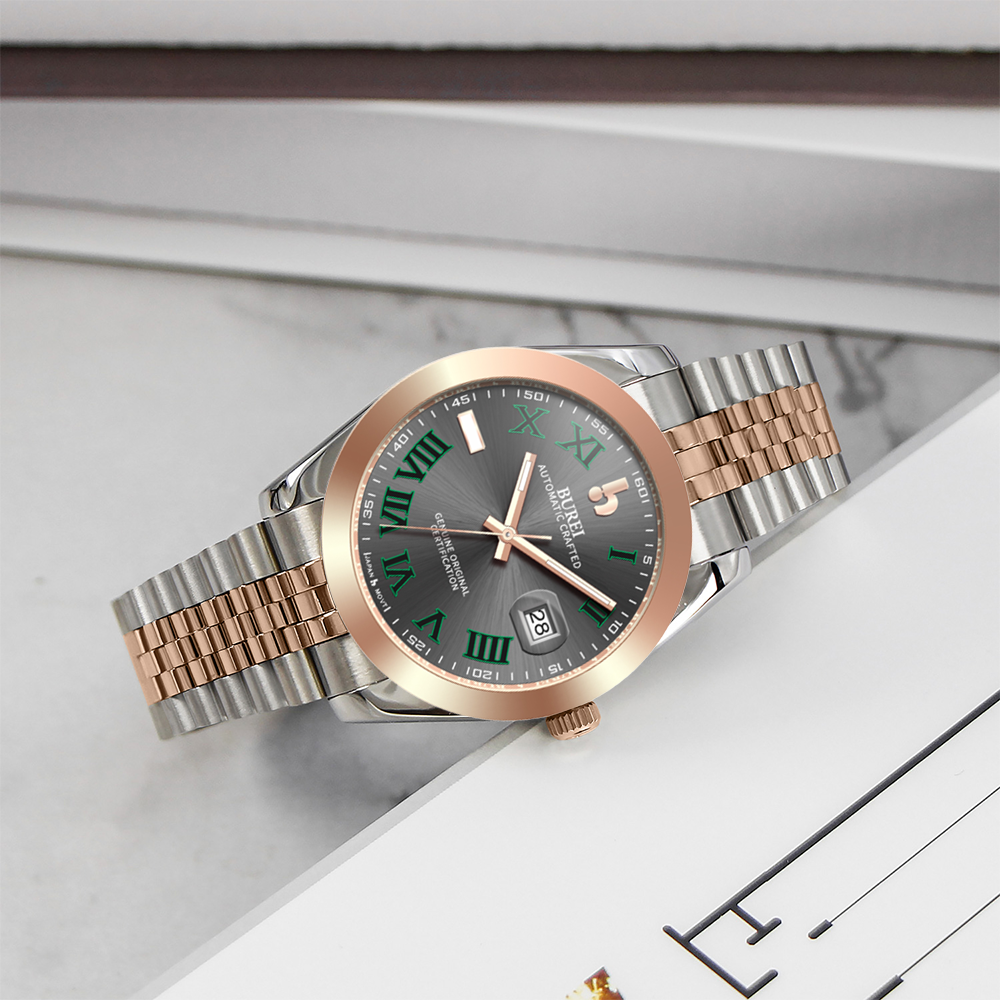 BUREI Men's Watch 41mm, Classic Stainless Steel, Waterproof Machine Watch with Date, Sapphire Crystal, Business Dress Wristwatch