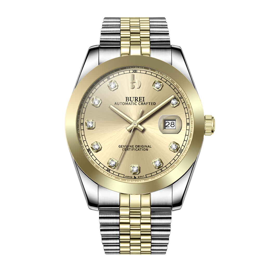 BUREI Men's Watch 41mm, Classic Stainless Steel, Waterproof Machine Watch with Date, Sapphire Crystal, Business Dress Wristwatch
