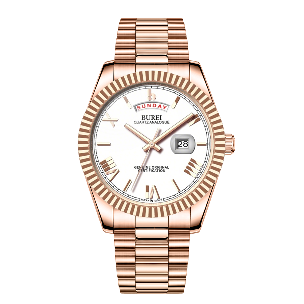 BUREI Mens Watch 41mm, Stainless Steel Analog Quartz, Waterproof with Calendar, Sapphire Crystal Dial, Business Casual Luxury Wristwatch