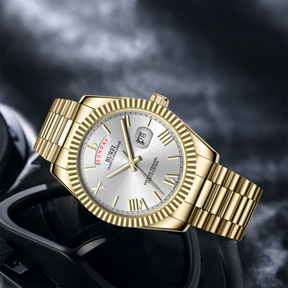 BUREI Mens Watch 41mm, Stainless Steel Analog Quartz, Waterproof with Calendar, Sapphire Crystal Dial, Business Casual Luxury Wristwatch