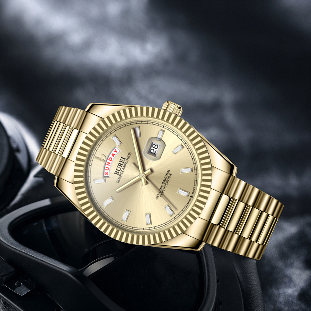 BUREI Mens Watch 41mm, Stainless Steel Analog Quartz, Waterproof with Calendar, Sapphire Crystal Dial, Business Casual Luxury Wristwatch