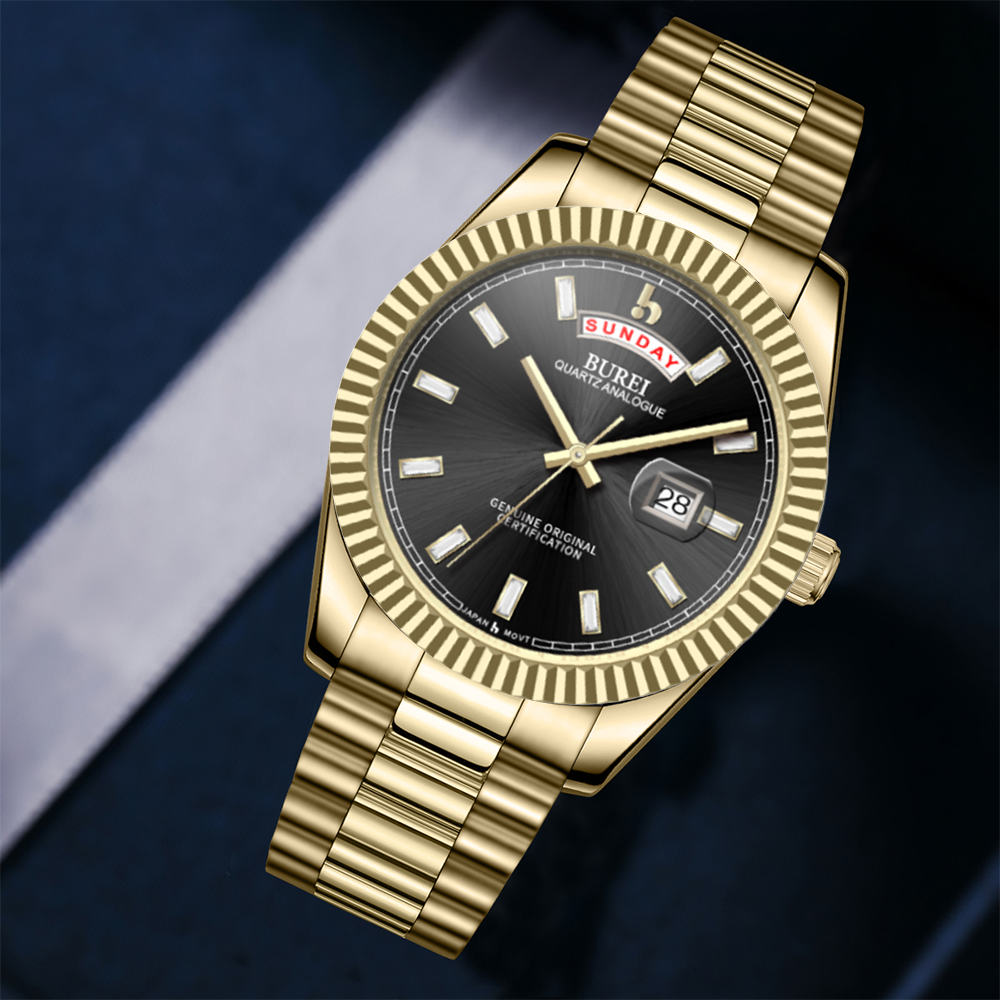BUREI Mens Watch 41mm, Stainless Steel Analog Quartz, Waterproof with Calendar, Sapphire Crystal Dial, Business Casual Luxury Wristwatch