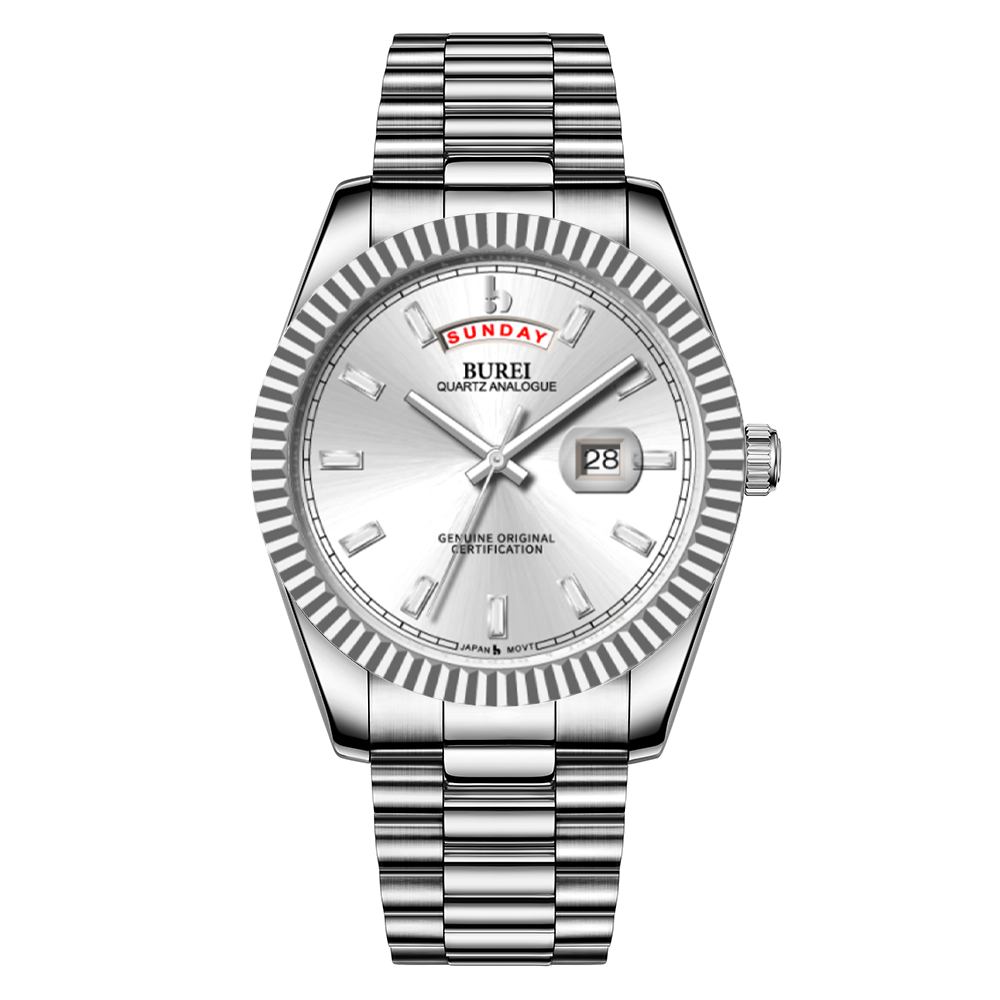 BUREI Mens Watch 41mm, Stainless Steel Analog Quartz, Waterproof with Calendar, Sapphire Crystal Dial, Business Casual Luxury Wristwatch